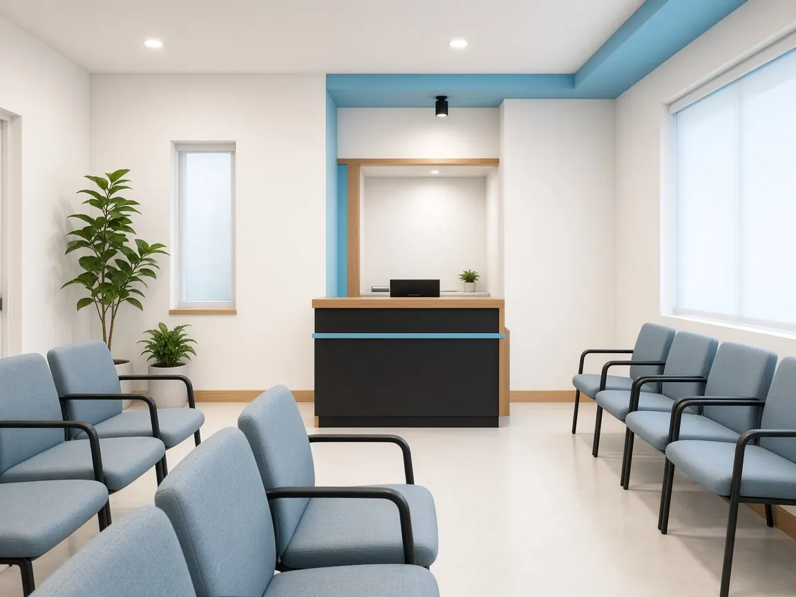 Modern medical clinic waiting room with reception desk and patient seating